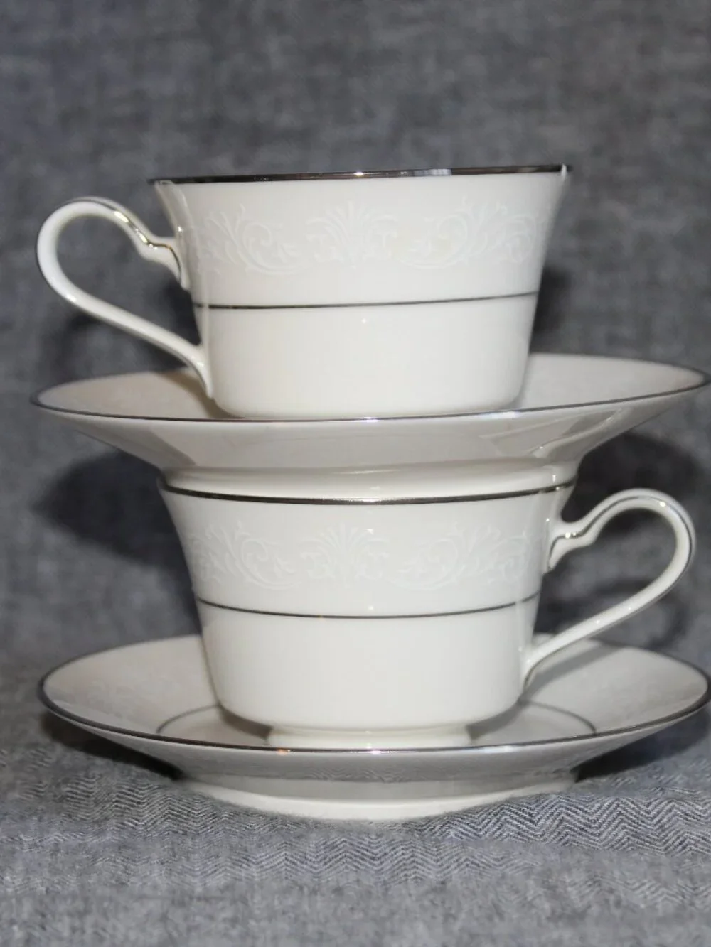 Vtg Set of (2) Noritake 'Marseille' Teacups & Saucers, Ivory China & Silver Rims